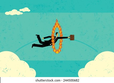 Getting from A to B A businessman jumping through a fire hoop and realizing that sometimes it's difficult to get from A to B. The man and fire hoop are on a separate labeled layer from the background.