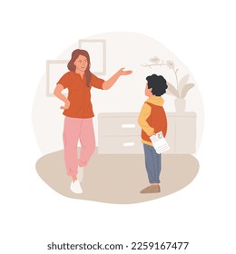 Getting bad marks isolated cartoon vector illustration. Child is hiding a worksheet with bad mark from parent behind is back, poor learning achievement, low academic performance vector cartoon.