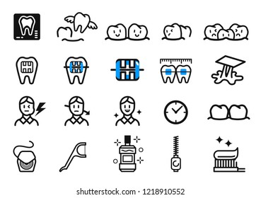 Getting Braces and dental Treatment at orthodontic clinic. Oral care concept icon.