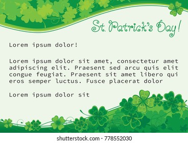 Getting card  for St. Patrick's Day. Vector template with  clover leaves and place for your text