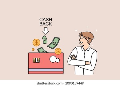 Getting Cash Back Money Concept. Smiling Man Standing And Looking At Huge Credit Card Getting Cash Back Profit Money Having Income Vector Illustration 