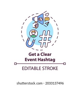 Getting clear event hashtag concept icon. VE marketing tip idea thin line illustration. Hashtag strategy. Effective social media campaign. Vector isolated outline RGB color drawing. Editable stroke