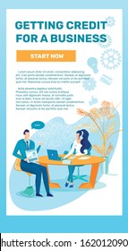 Getting Credit for Business , Cartoon Banner. Young Businessman came to Bank to take Loan Organize his Start up. He Tells Business Plan to Bank Employee Sitting at Table with Business Suit.