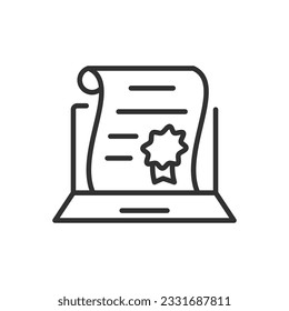 Getting a diploma remotely, linear icon. Line with editable stroke