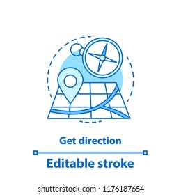 Getting direction concept icon. GPS navigation idea thin line illustration. Map with pinpoint and compass. Vector isolated outline drawing. Editable stroke