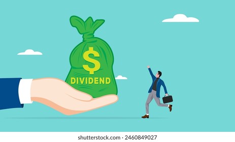 getting dividend from investment with happy businessman receives a bag of dividend money from the businessman's hand