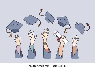 Getting education and learning concept. Hands of students university graduates lifting bonets in air holding diploma celebrating graduation vector illustration 