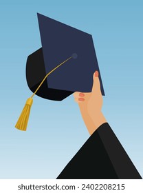 Getting education and learning concept. Hands of students university graduates lifting hat in air celebrating graduation vector illustration