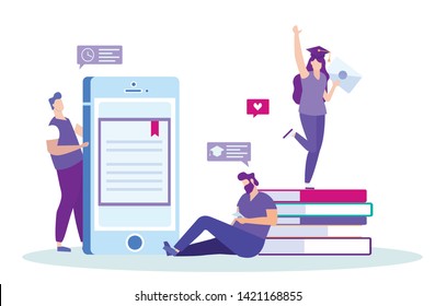 Getting Education Remotely. Saving Time. Distance Learning. E-Learning. Online Training. Man Sittig near Books. White Background. Vector Illustration. Send Massage. Diploma on Screen Smartphone.
