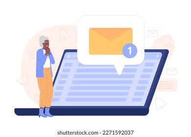 Getting email on laptop flat concept vector spot illustration. Editable 2D cartoon character on white for web design. Senior citizen using e mail account creative idea for website, mobile, magazine