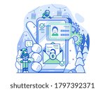 Getting email and successful verification illustration for ski resort application. Registration and creating profile concept with small people and hand hold smart phone for winter sports apps and web.