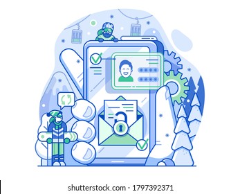 Getting email and successful verification illustration for ski resort application. Registration and creating profile concept with small people and hand hold smart phone for winter sports apps and web.