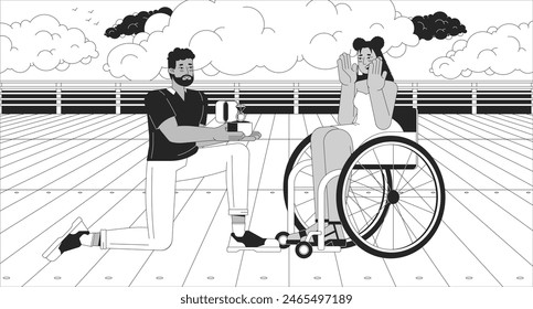 Getting engaged black and white line illustration. Black man proposing to wheelchaired latina woman 2D characters monochrome background. Happy life with disability outline scene vector image