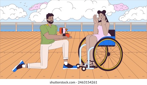 Getting engaged cartoon flat illustration. Black man proposing to wheelchaired latina woman 2D line characters colorful background. Happy life with disability scene vector storytelling image