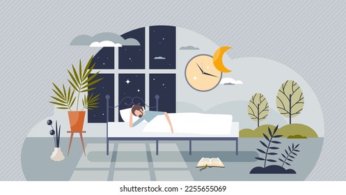 Getting enough sleep with healthy daily bedtime routine tiny person concept. Health and mental care with normal lifestyle, deep sleep cycle and comfortable relaxation at bedroom vector illustration.