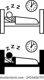 Getting Enough Sleep icons. Black and White Vector Icons. Man Sleeping Soundly in Bed. Healthy sleep. Healthy lifestyle. Positive Thinking Concept