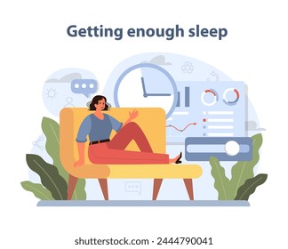 Getting Enough Sleep scene. A calm atmosphere with a woman relaxing on a couch, representing the importance of rest. Wellness through sleep focus. Vector illustration.