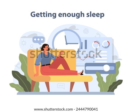 Getting Enough Sleep scene. A calm atmosphere with a woman relaxing on a couch, representing the importance of rest. Wellness through sleep focus. Vector illustration.