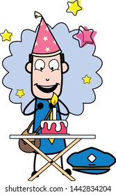 Getting Excited to Cut the Cake - Retro Postman Cartoon Courier Guy Vector Illustration