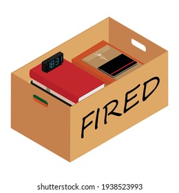 Getting fired. Carton box with personal items, stuff. Last day of work concept. Vector