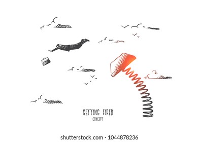 Getting fired concept. Hand drawn upset office worker is fired. Finish of career isolated vector illustration.