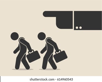 Getting fired, job search, fired from job, human resources. Downsizing unemployment concept. Flat illustration of dismissed businessmen walking with briefcase. 