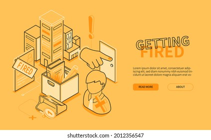 Descarga - Banner isométrico estilo de diseño de línea amarilla con espacio de copia para texto. Situación desagradable y problemas en el trabajo. Recolectar cosas y dejar el lugar de trabajo. Notificación de despido, antiguo empleado