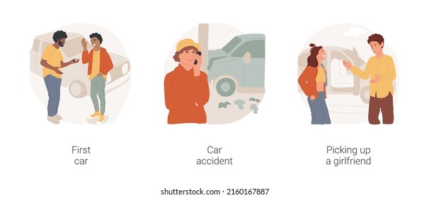 Getting The First Car Isolated Cartoon Vector Illustration Set. First Car As A Present, Teen Holding Keys, Car Accident, Calling For Assistance, Picking Up Girlfriend From Home Vector Cartoon.