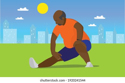 getting fit is aquiring a newer trend post covid19, in this illustration an old man is seen stretching out in lawns outdoors