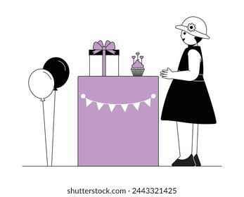 Getting gifts and cupcakes on girl's birthday, vector illustration.