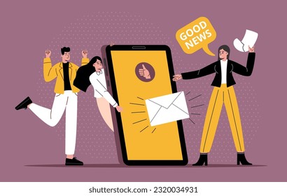 Getting good news. Happy employees rejoice. Large smartphone with message in letter envelope. People receive email correspondence. Positive emotions. Mobile phone