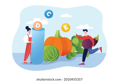 Getting Healthy With Vitamins concept. Characters eat vegetables and fruits rich in various vitamins and minerals. Natural products. Cartoon flat vector illustration isolated on a white background