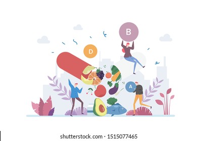 Getting Healthy With Vitamins Vector Illustration Concept Showing a group of people consume vitamin in their daily life, Suitable for landing page, ui, web, App intro card, editorial, flyer