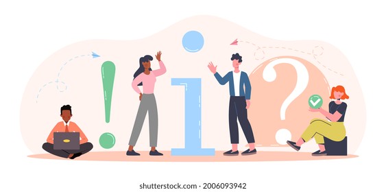 Getting help information concept. Men and women ask questions and try to find answers. Users of applications and programs. Cartoon is a flat vector illustration isolated on a white background