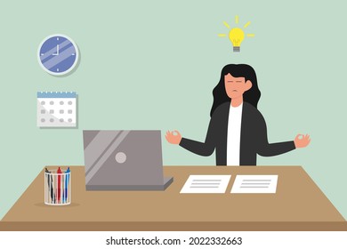 Getting idea vector concept: Young businesswoman doing yoga in her workplace while finding idea
