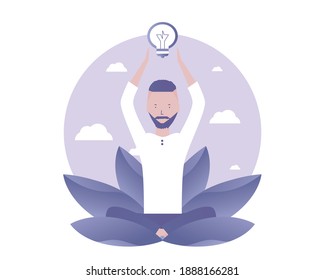 Getting ideas during meditation. Vector illustration for telework, remote working and freelancing, business, start up, social media and blog
