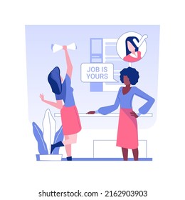 Getting a job isolated concept vector illustration. Happy woman accepted to work, HR management, human resources, recruiting process, headhunting agency, pursue career vector concept.