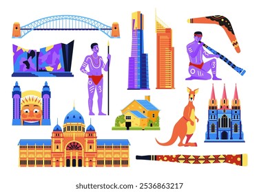 Conocer Australia - conjunto de objetos de estilo de diseño plano. Imágenes coloridas de alta calidad de guerrero tribal y músico didgeridoo, Sydney Harbour Bridge, boomerang, canguro, Luna park y ACMI