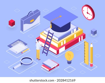 Getting knowledge concept. Student stands in front of stack book and climbs stairs with graduation cap. Study at school, college or university. Cartoon isometric vector illustration on blue background