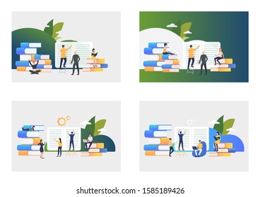 Getting knowledge set. Students reading books. Flat vector illustrations. Education, studying concept for banner, website design or landing web page