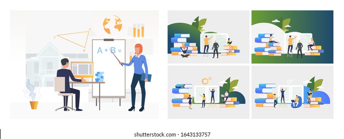 Getting knowledge set. Students reading books. Flat vector illustrations. Education, studying concept for banner, website design or landing web page