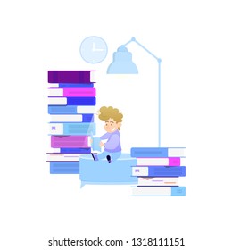 Getting knowledge of young people from books, flat style, against the background of the interior