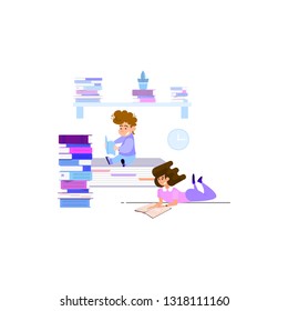 Getting knowledge of young people from books, flat style, against the background of the interior