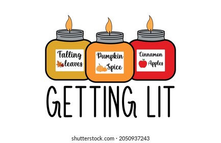 Getting Lit, Falling leaves, Pumpkin Spice and apple cinnamon with  Fall Candles jar Autumn Thanksgiving Vector and Clip Art