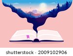 Getting lost in a good book - Open book with dreamy illustration of nature. Enjoying books and dream away concept. Vector illustration