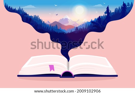 Getting lost in a good book - Open book with dreamy illustration of nature. Enjoying books and dream away concept. Vector illustration