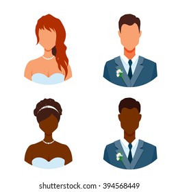 Getting married people avatars without face. Bride and fiancee icons. Prom girl and boy vector illustration. Wedding elegant couples cartoon set. Isolated on white background.