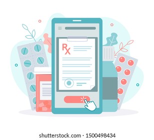 Getting a medical prescription online in one click from your smartphone. Medical concept. Flat vector illustration.