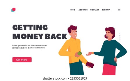 Getting Money Back Landing Page Template. Male and Female Characters Finance Relations. Dissatisfied Husband Gives Salary To His Wife. Man with Unhappy Grumpy Face. Cartoon People Vector Illustration