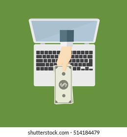 Getting Money From Internet, hand giving money from Laptop Monitor Screen, Online Banking